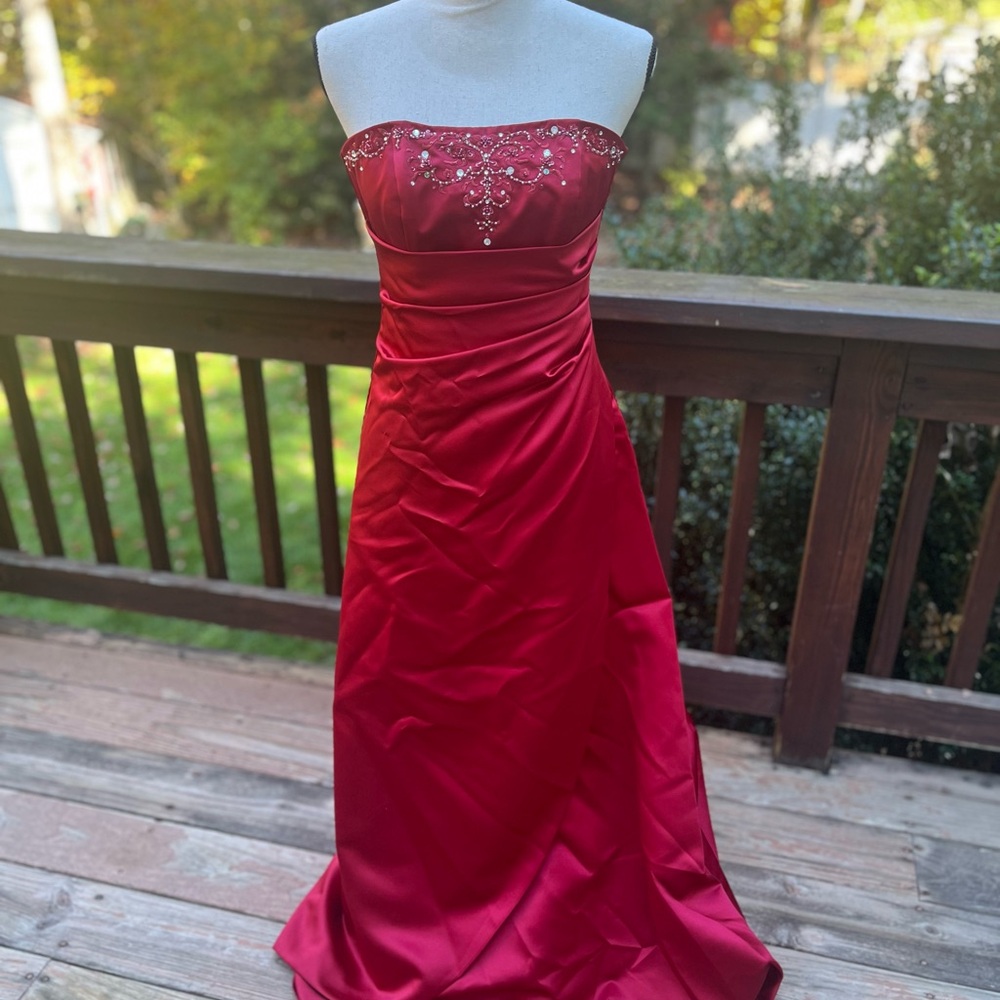 David's Bridal Strapless Red Gown with Embellishments